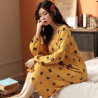 Váy Ngủ Dài Tay Mùa Thu Đông Chất Cotton Mềm Mịn, Mặc Xinh Dễ Thương