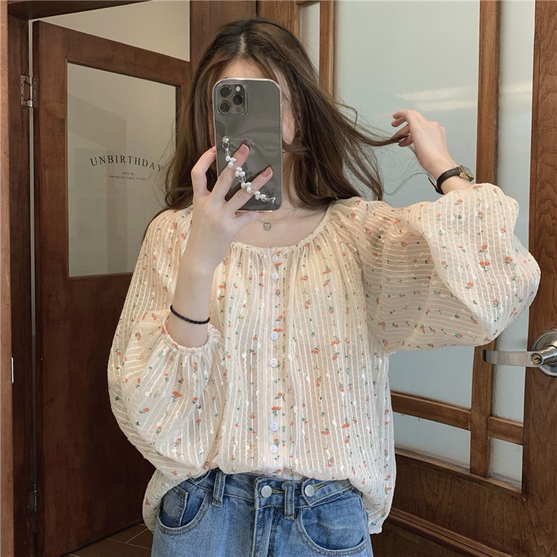 Áo Nữ Tay Dài Cổ Tròn In Hoa Phong Cách Vintage