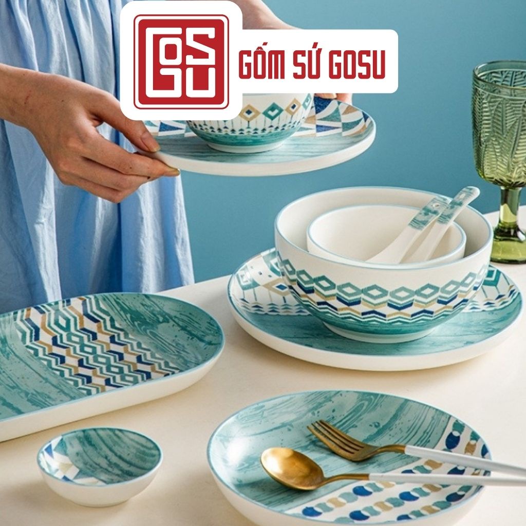 Bộ bát đĩa gốm sứ Gosu cao cấp phong cách Bắc Âu mã PDS018 màu xanh đại dương.