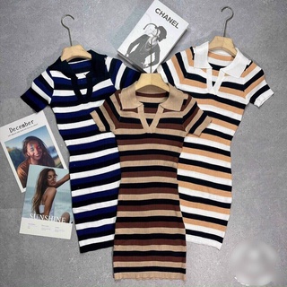 Váy len body polo kẻ ngang