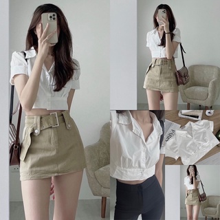 Áo sơ mi croptop thiết kế tay bồng rúm ngực