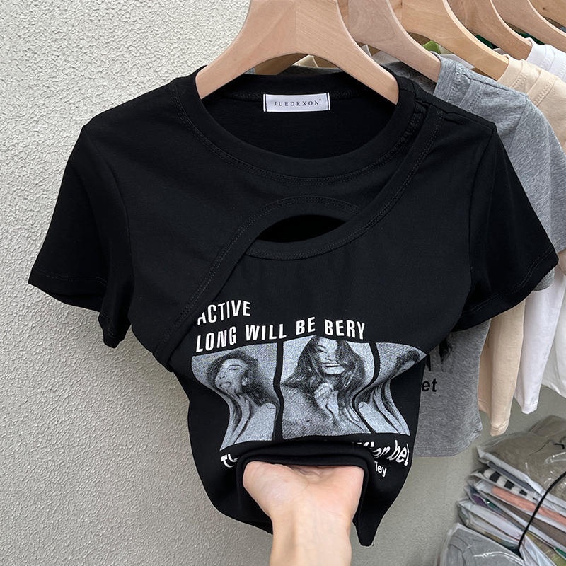 Áo kiểu nữ BH cổ tròn ngắn tay in hình thời trang mùa hè 2022