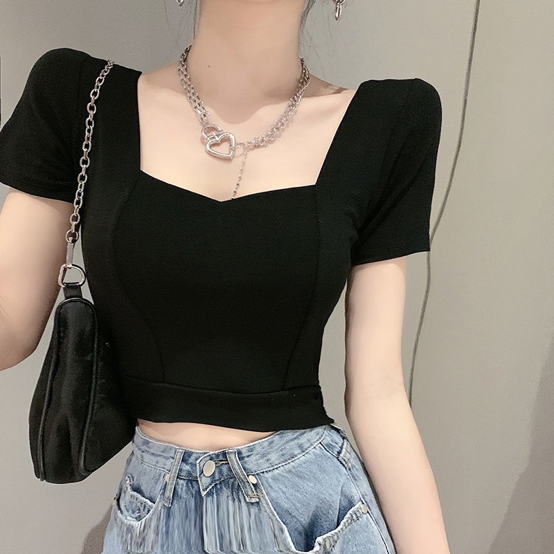 Áo Thun COZOK Ngắn Tay Cổ Vuông Màu Trơn Dáng Ôm Thời Trang Trẻ Trung