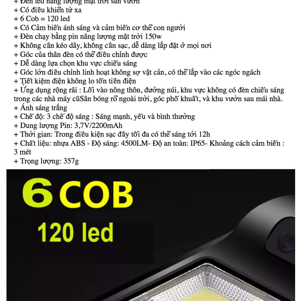 Đèn led năng lượng mặt trời sân vườn có điều khiển 120 led 6 Cob cảm biến ánh sáng bóng người 150w | BigBuy360 - bigbuy360.vn