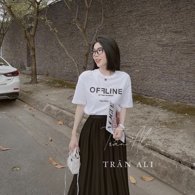 Set bộ áo phông OFF mix chân váy dập li xếp ly Áo cotton trắng váy midi dài đen