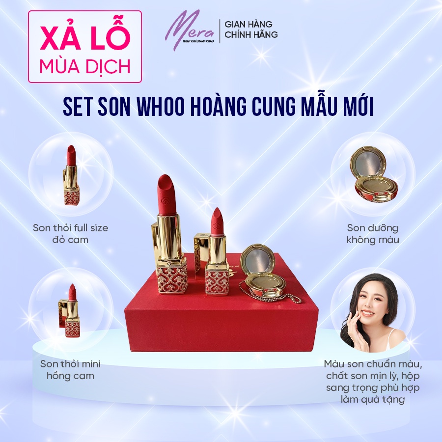 Set son Whoo Hoàng Cung mẫu mới (đỏ cam tặng mini hồng cam và hũ son dưỡng)