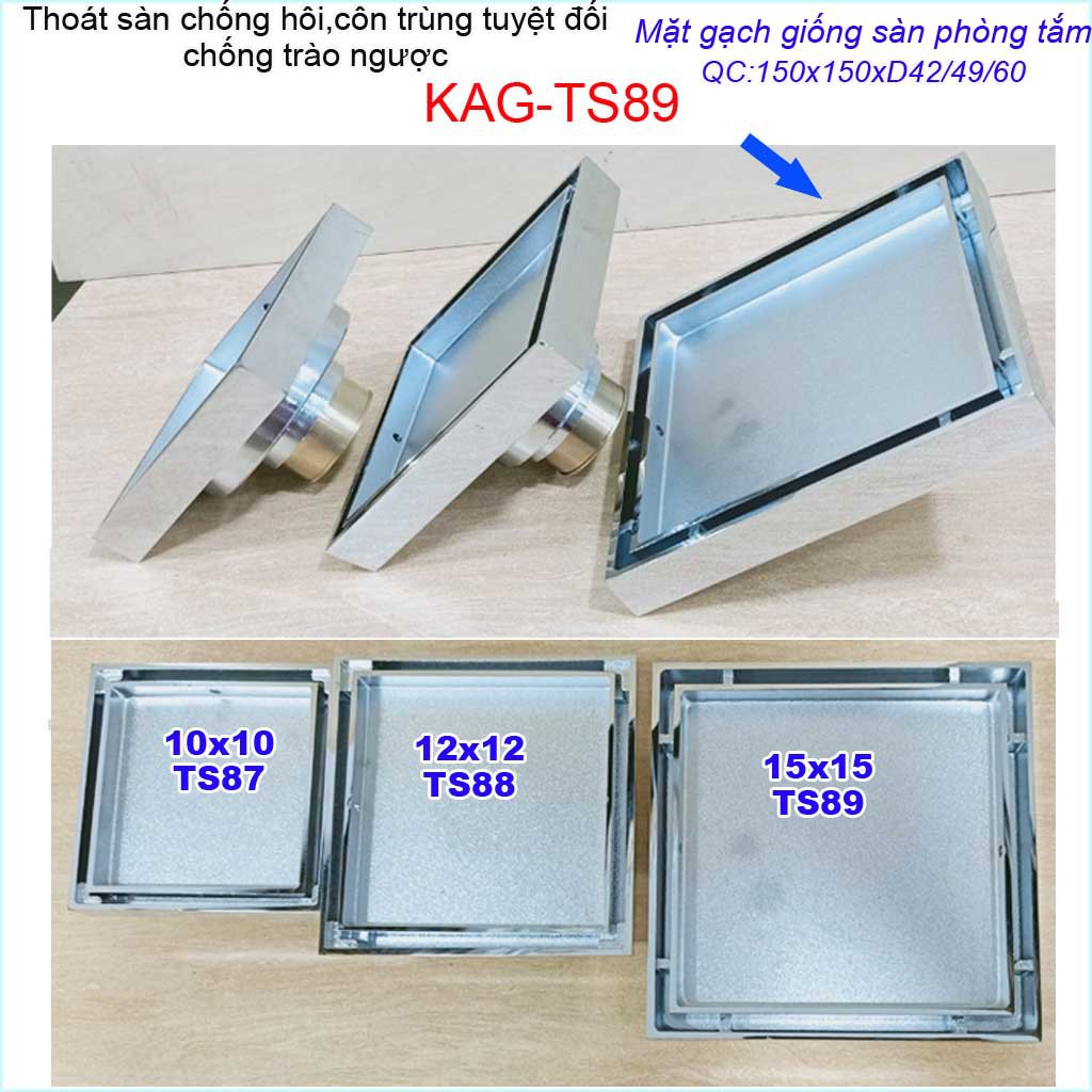 Thoát sàn mặt cắt gạch 15x15cm, thoát sàn âm KAG-TS89, phễu thoát sàn chống hôi chống côn trùng Inox Roca