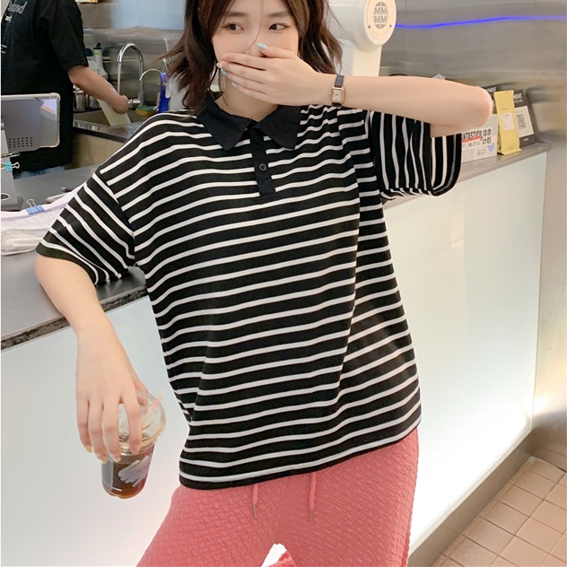 SUXI Áo polo Ngắn Tay Họa Tiết Kẻ Sọc Đen Trắng Phong Cách Vintage Dễ Phối Đồ