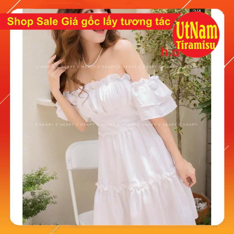 ( Sẵn) Đầm dự tiệc trễ vai tay bồng 3 tầng bèo Dáng xòe, Váy Tiểu Thư Trắng Trễ Vai or Cổ Vuông Vintage 2 màu Đen, Trắng | BigBuy360 - bigbuy360.vn