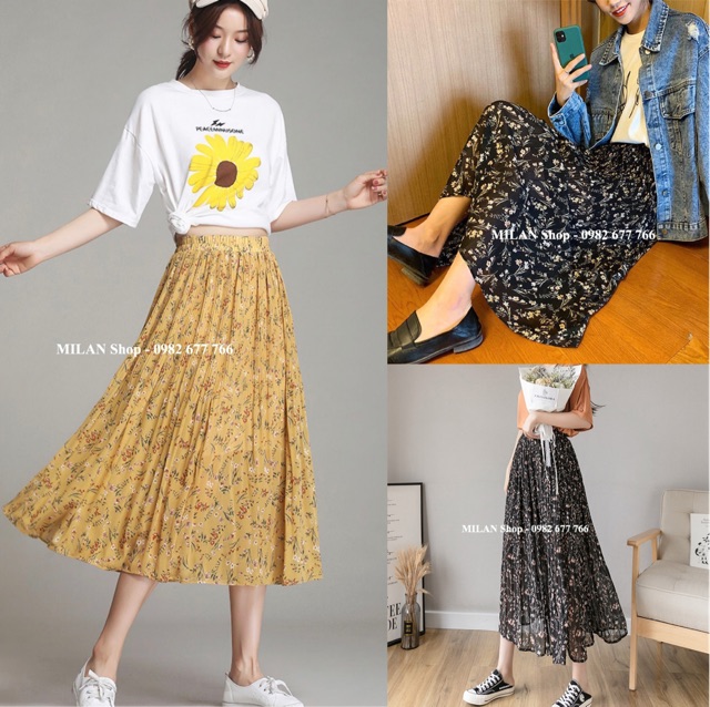 Chân váy voan hoa xếp ly nhiều màu xinh iu. | BigBuy360 - bigbuy360.vn