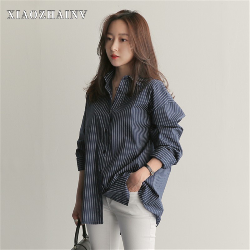 Xiaozhainv Áo sơ mi nữ dáng rộng kẻ sọc có size lớn