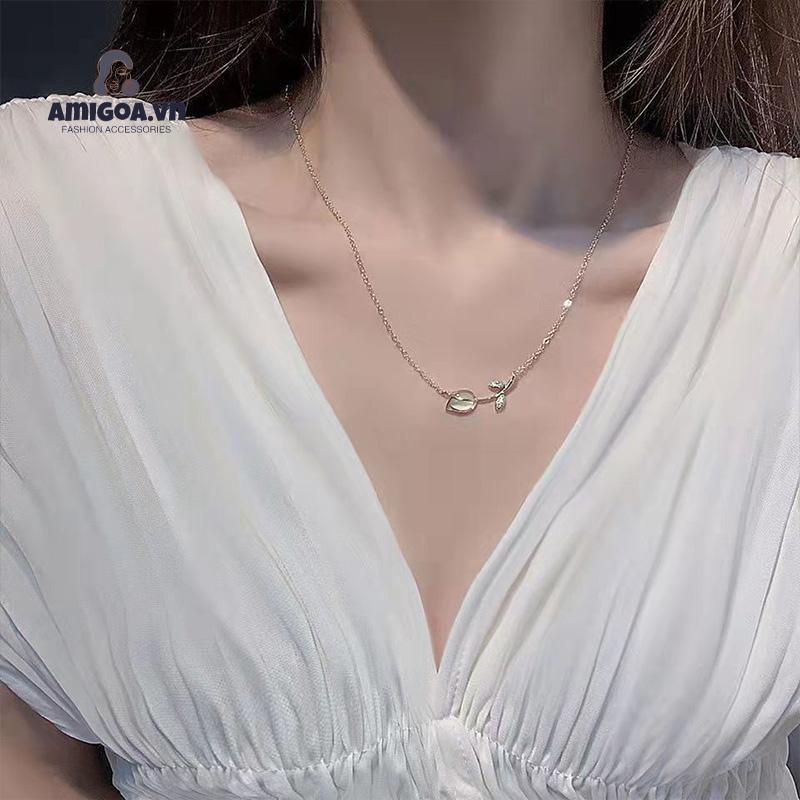 ✨✨Vòng cổ Mặt Hoa Tulip Đính Đá Opal Phong Cách Cổ Điển Cho Nữ