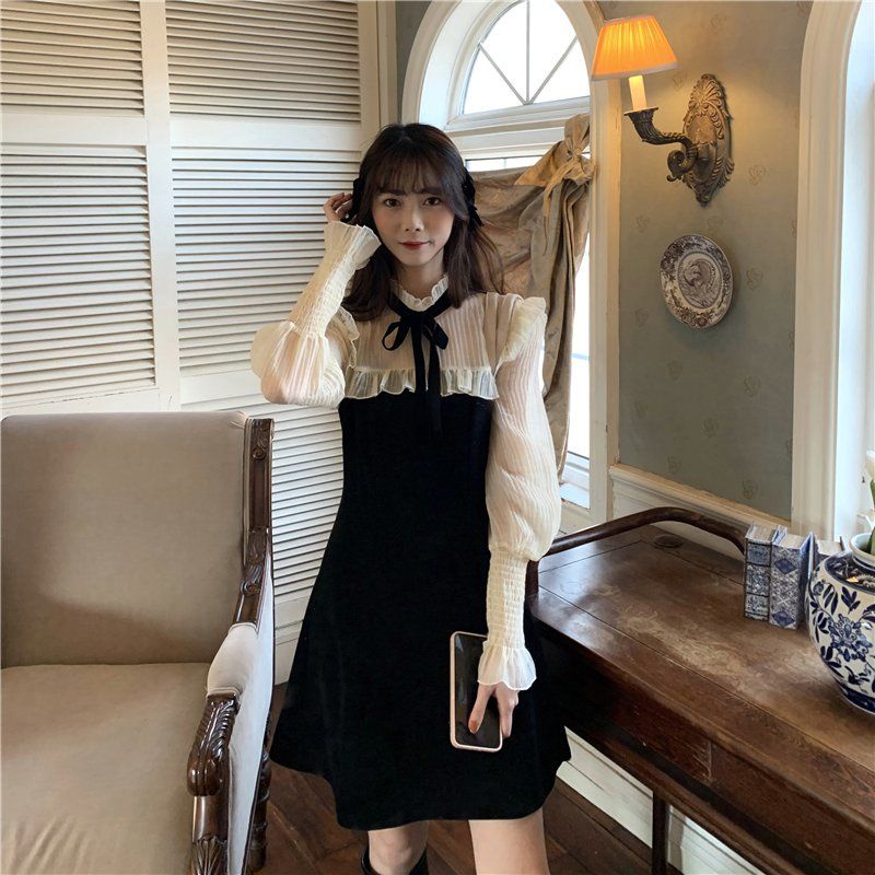 Đầm chữ A dài tay cổ đứng eo cao thời trang xuân thu mới 2021