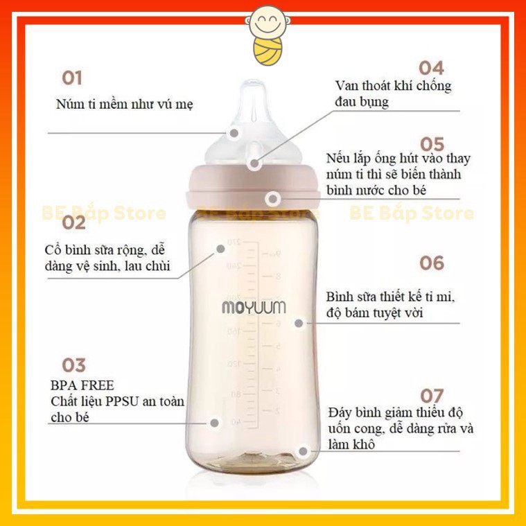 Bình Sữa Moyuum ⚡𝟭𝟬𝟬% CHÍNH HÃNG⚡ Núm Ti Siêu Mềm, Hỗ Trợ Chọn Núm, Chất Liệu PPSU Cao Cấp