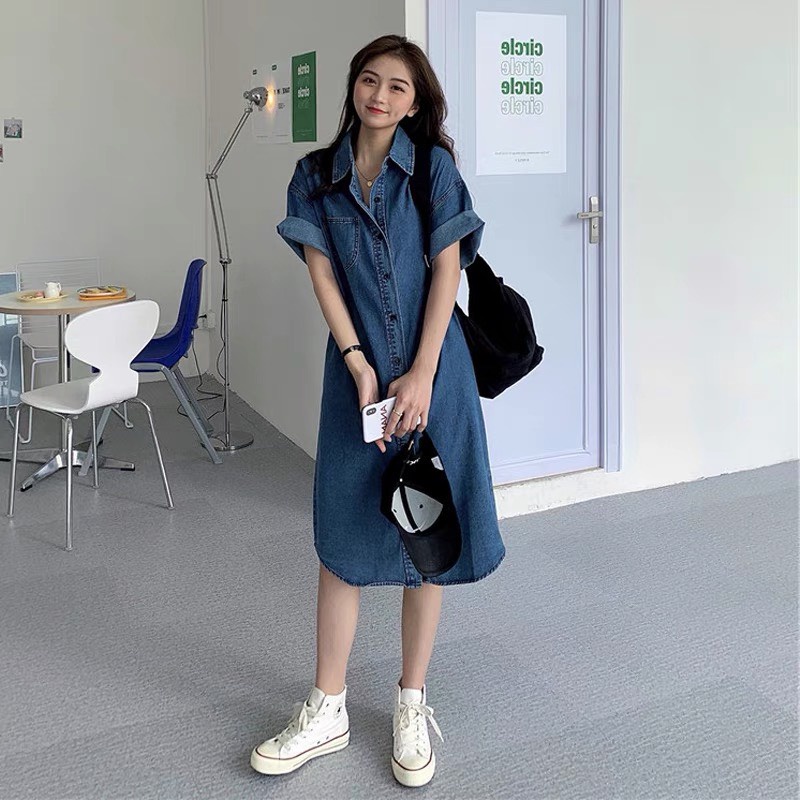 Váy đầm sơ mi jean ngắn tay cổ đức phối túi ngực vạt bầu dáng suông chất bò dày dặn phong cách hàn quốc