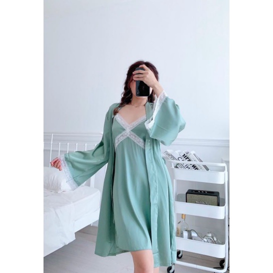 Set choàng Ngủ🌷FREESHIP🌱Set váy ngủ 2 dây nữ sexy phối áo choàng lụa kết hợp ren tạo điểm nhấn sang trọng đấy nhé nàng🦊🦊