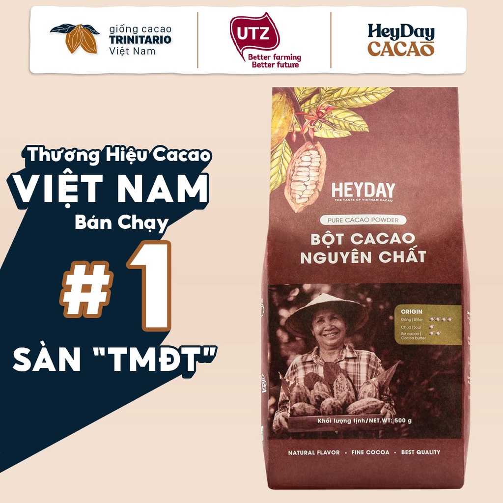 Túi 500g Bột cacao nguyên chất 100% không đường Heyday - Dòng Origin thượng hạng - Chuẩn UTZ Quốc Tế