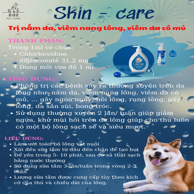 Sữa tắm trị nấm da viêm nang lông viêm da cho chó mèo SkinCare giảm ngứa da khử mùi hôi hết rụng lông gẫy lông chai120ml