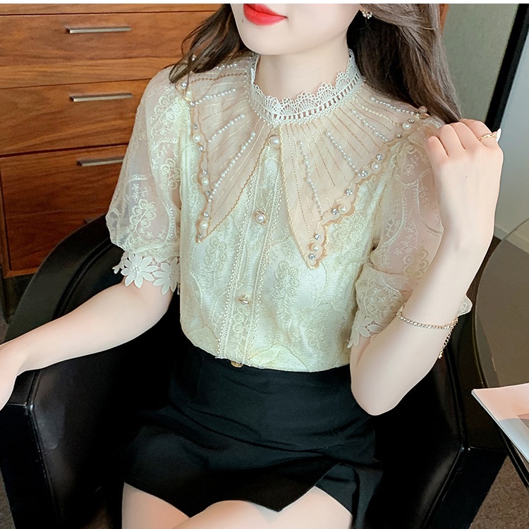 Áo Sơ Mi Chiffon Tay Phồng Ngắn Phối Ren Thời Trang Mùa Hè Hàng Mới Dành Cho Bạn Nữ