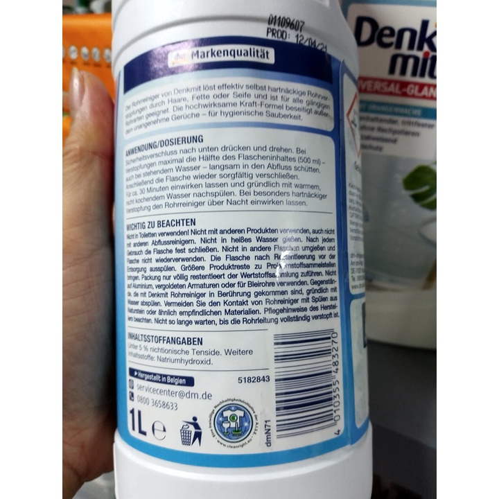 Hàng Đức - Denkmit chai thông cống làm sạch đường ống Rohrreiniger dung tích 1L, hàng chính hãng