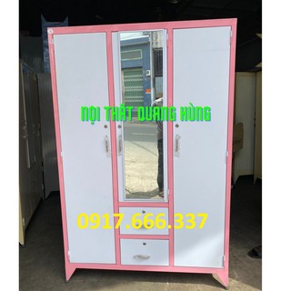 Tủ sắt đựng quần áo 3 cánh 2 ngăn âm hồng - Giao hàng miễn phí