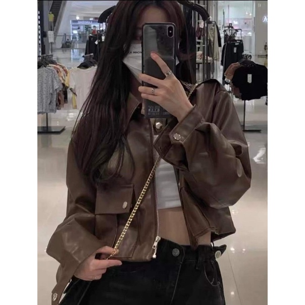 Áo Khoác Da Túi Nắp Màu Nâu Nữ [FREESHIP] Khoác jacket kiểu dáng ngắn croptop biker tay bồng cá tính hàn quốc