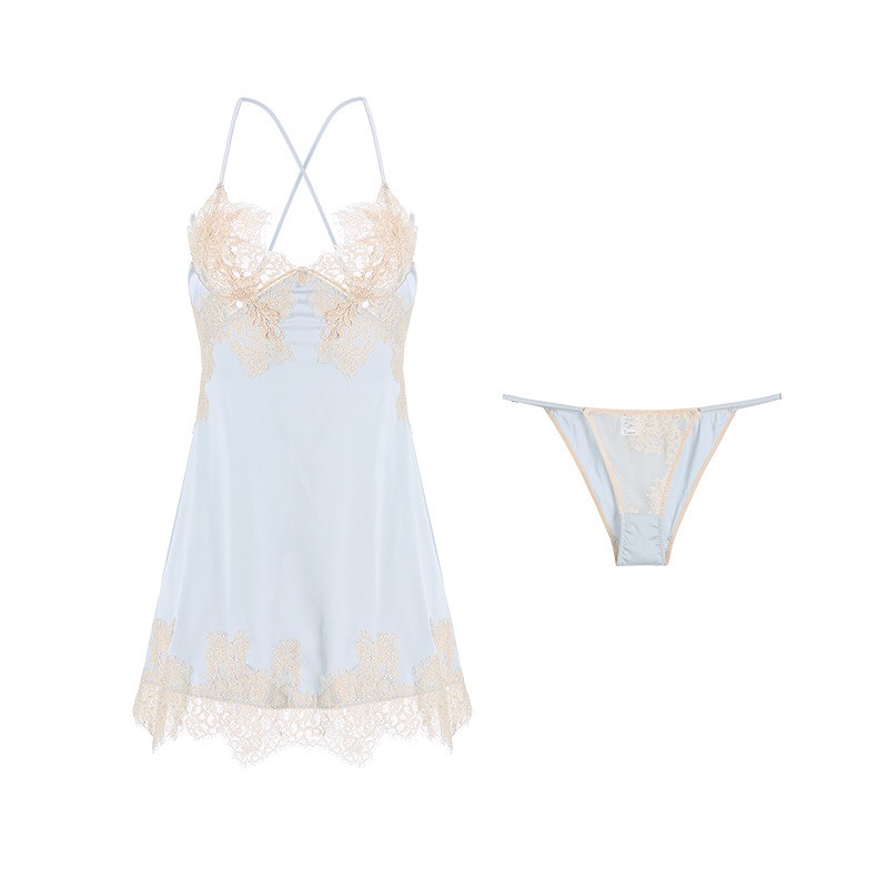 Váy ngủ hai dây lụa satin sexy cao cấp Đầm mặc nhà gợi cảm quyến rũ đan dây lưng kèm quân chip