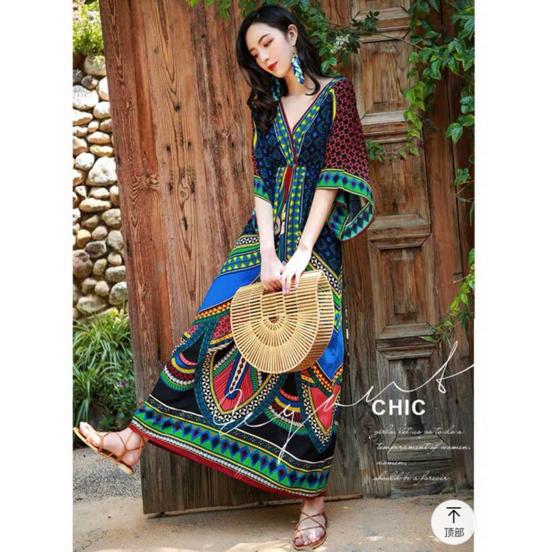 Đầm maxi cánh tiên hoa văn Boho, váy xòe dài đi biển du lịch sang chảnh - DTH