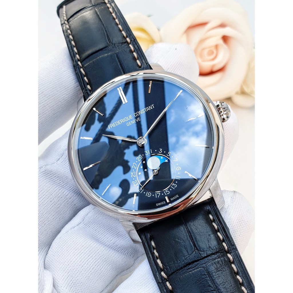 Đồng hồ nam chính hãng Frederique Constant Slimline Automatic Moonphase Blue - Máy cơ tự động - Kính Sapphire