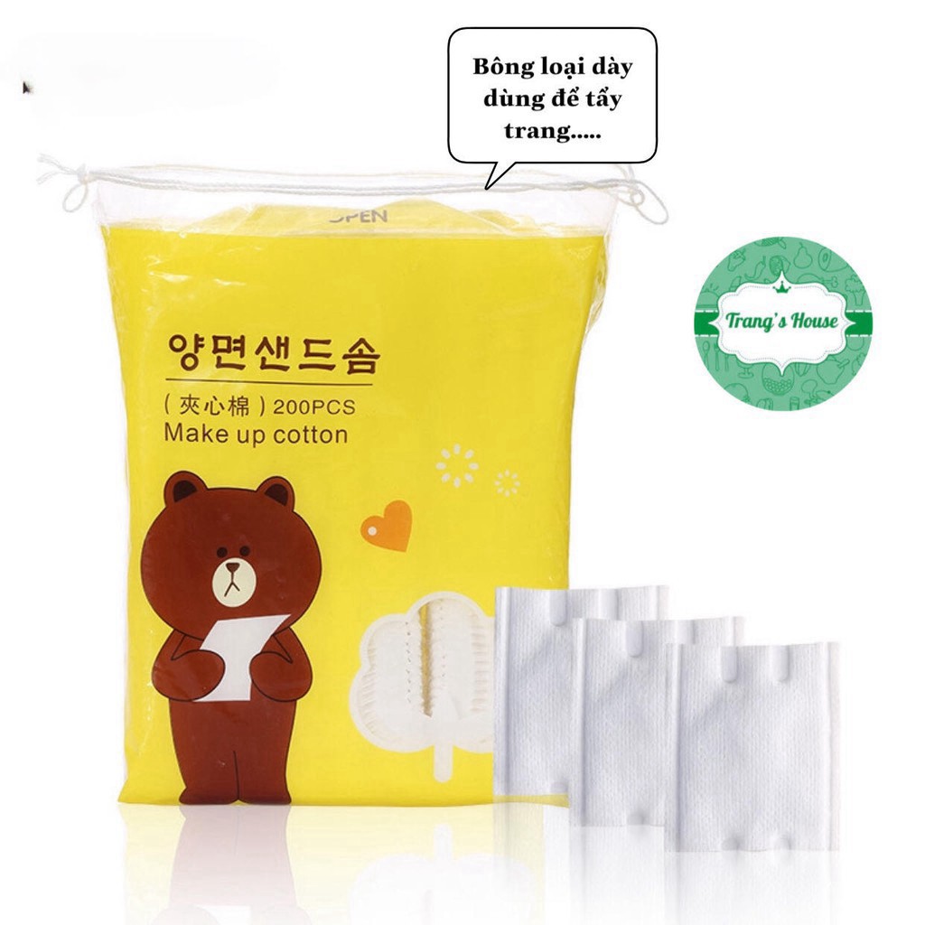 Bông Tẩy Trang 3 Lớp Hàn Quốc Line Friends 200 Miếng Gấu Thỏ Vịt 100% Cotton Cao Cấp