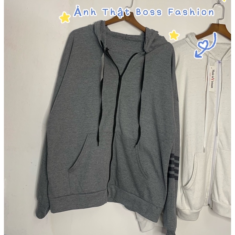 Áo Khoác Cardigan Hoodie Khoá Kéo Mũ Xám Đen Sọc Ngang