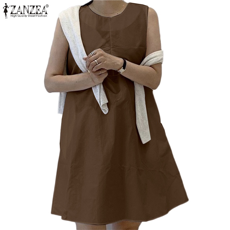 Đầm nữ ZANZEA cộc tay cổ tròn dáng rộng thời trang Hàn Quốc