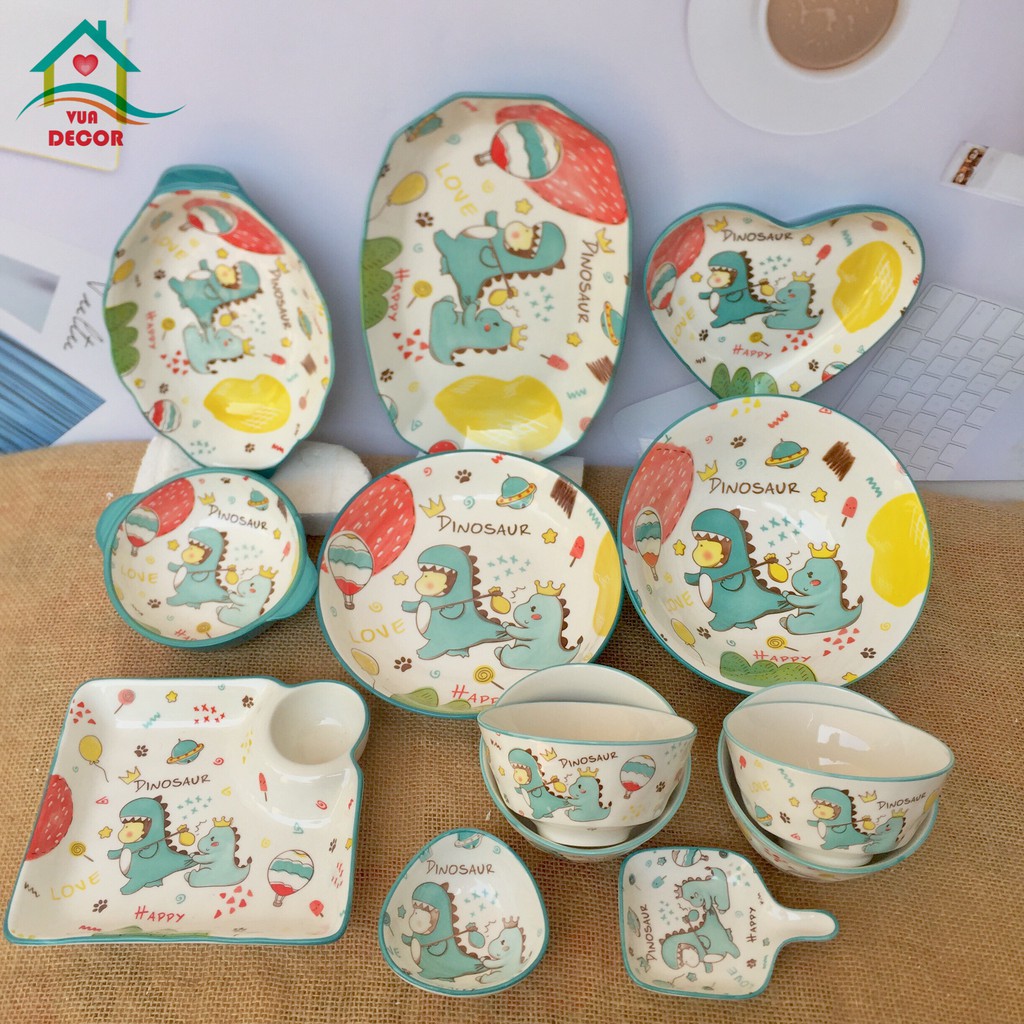 Set Bát Đĩa Decor 🦖🦖🦕 Khủng Long Xanh🦖🦖🦕 Siêu Dễ Thương Cao Cấp B86