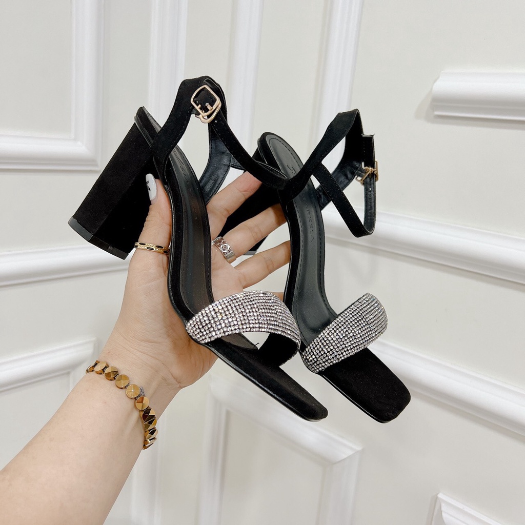 Sandal cao gót nữ 9p gót vuông quai ngang xoàn đá chất da êm mềm form chuẩn lên chân tôn dáng - Chị Chảnh Store