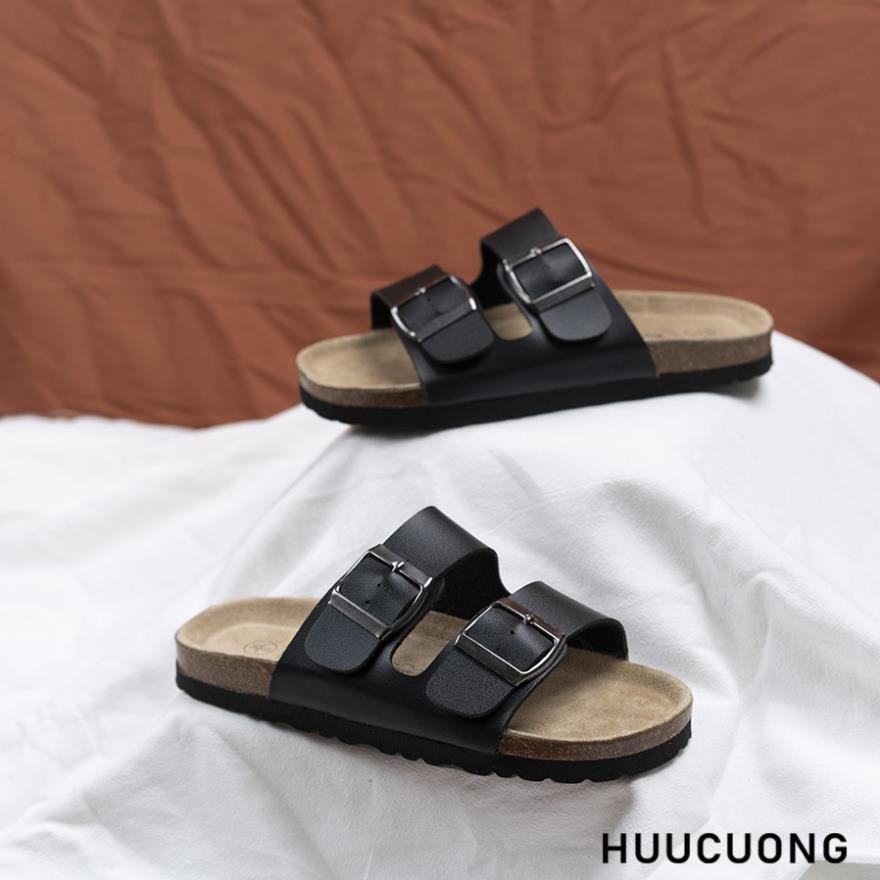 Dép unisex HuuCuong 2 khóa pu màu đen Unisex đế trấu