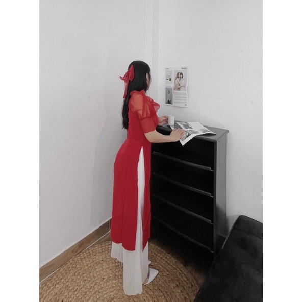 HÌNH THẬT Set áo dài đỏ 3 món áo dài tay phồng + quần dập ly + nơ cột tóc siêu xinh xắn cho Tết nhiều may mắn