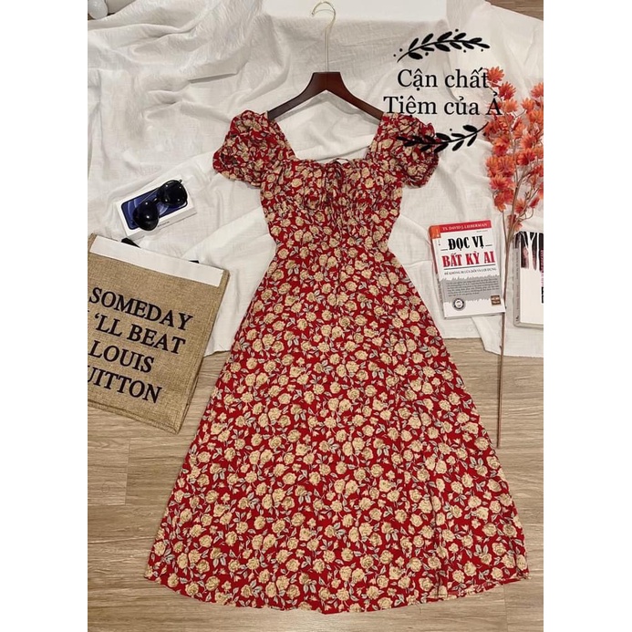 Váy đầm yếm hoa nhí vintage nhún ngực eo body cổ vuông hoặc trễ vai dáng maxi xẻ vạt sexy sang chảnh đi chơi chụp ảnh