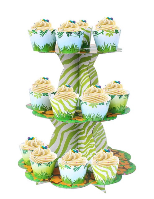 Tháp bánh 3 tầng , tem cắm + ly cupcake mẫu bé trai.