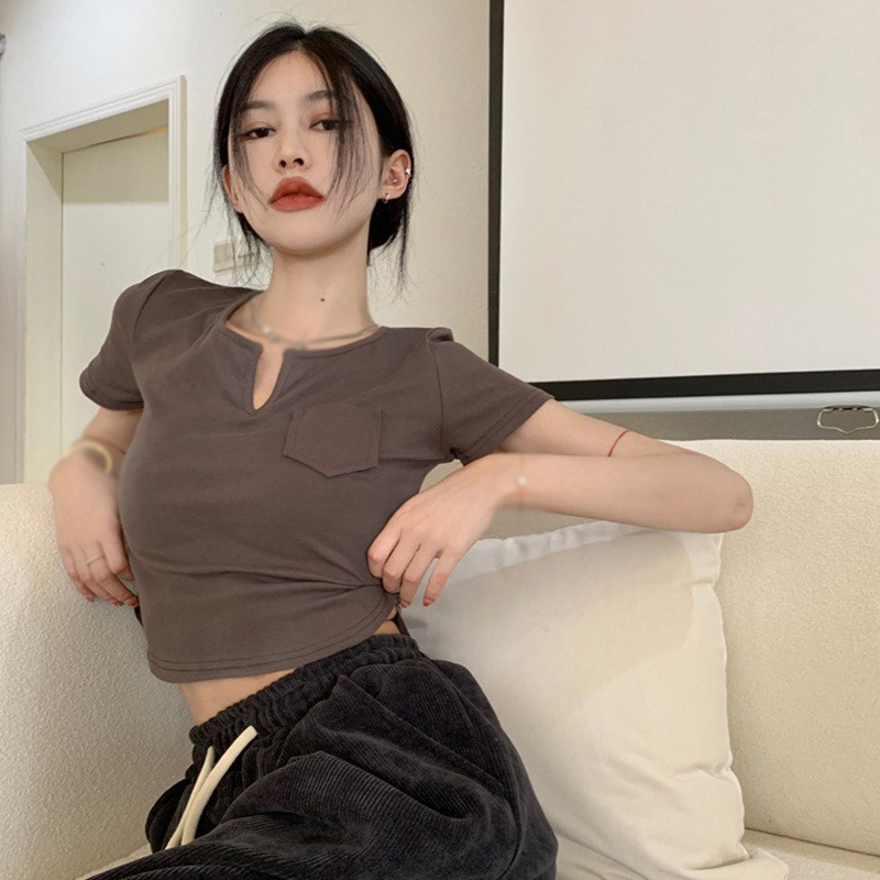 Áo Thun Tay Ngắn Cổ Chữ V Màu Sắc Đơn Giản Cho Nữ