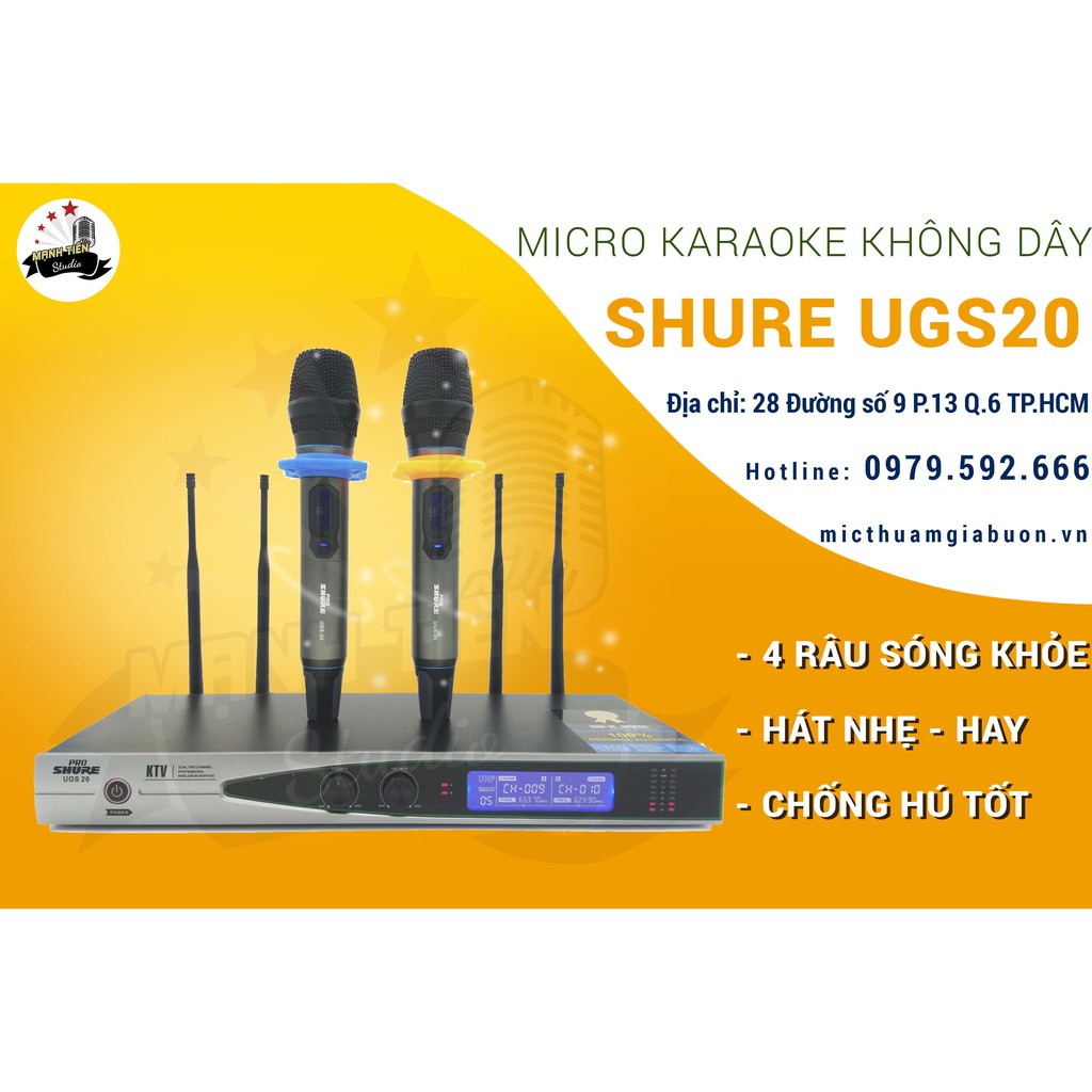Micro karaoke không dây Shure UGS20 - 4 râu sóng khỏe, hát nhẹ và chống hú tốt bắt sóng xa bảo hành vàng 12 tháng