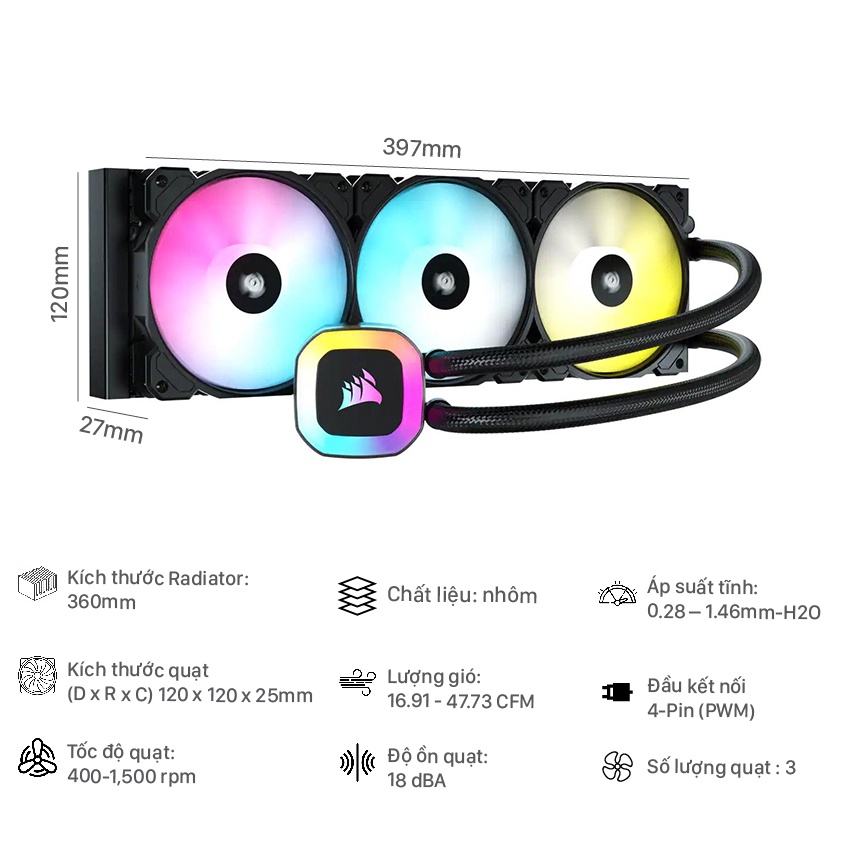 Tản nhiệt nước AIO Corsair H150 RGB 360MM new chính hãng