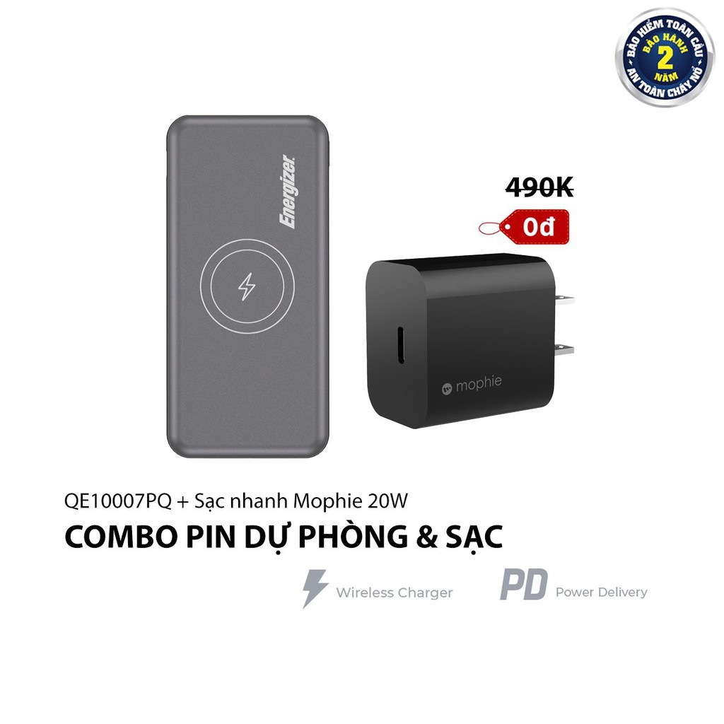 Combo sạc dự phòng không dây Energizer 10000mAh QE10007PQ + cốc sạc Mophie 20W - Hàng Chính Hãng, Bảo Hành 2 Năm 1 Đổi 1