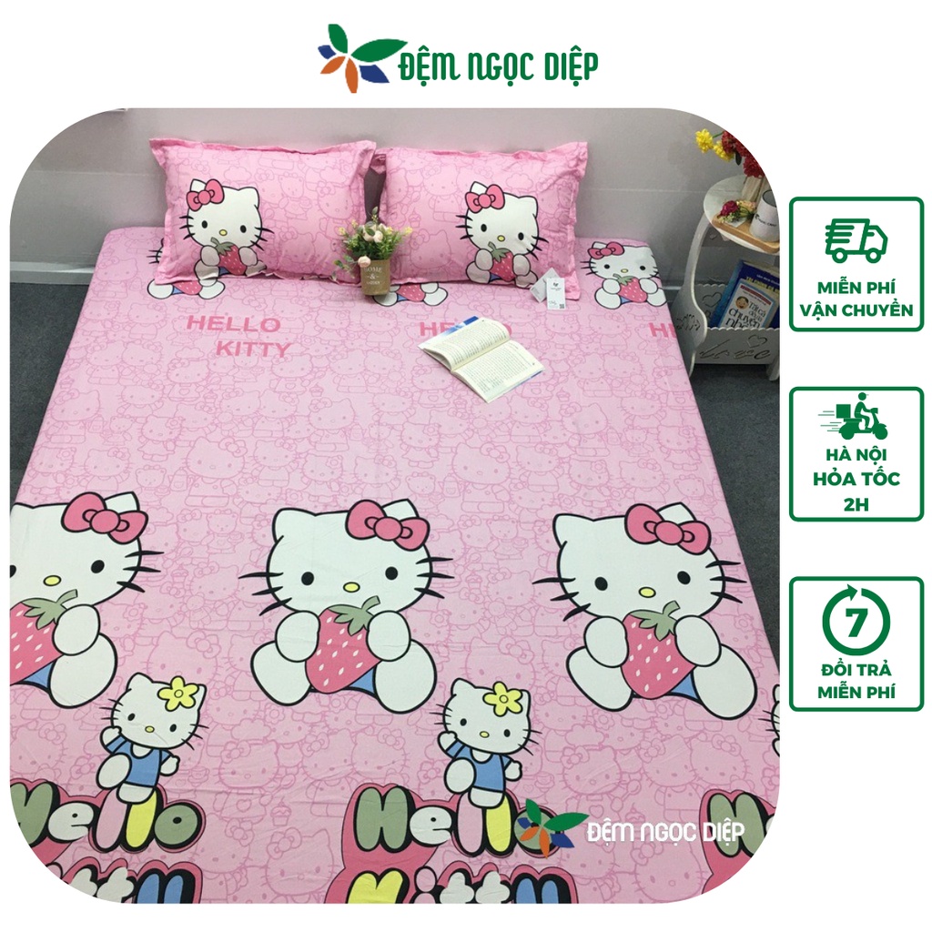 Ga giường SUMOI kèm 2 vỏ gối 45x65 bọc đệm 1m2 1m6 1m8 hoặc 2m2 mẫu kitty hồng ôm dâu