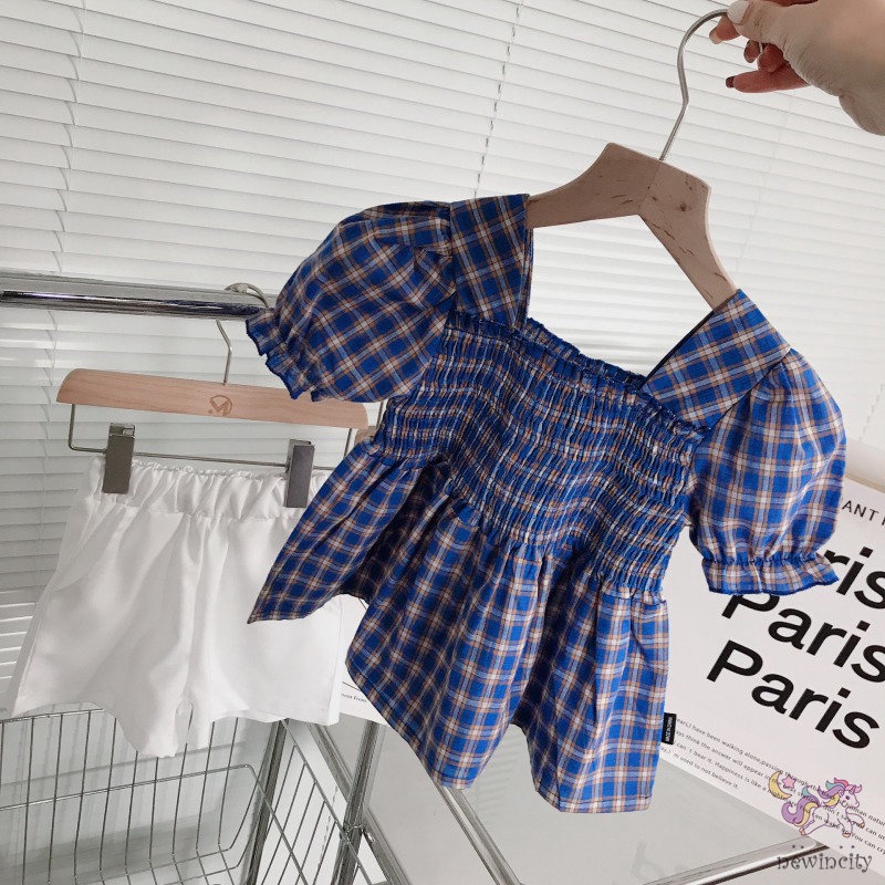 Set Đồ 2 Món Gồm Áo Tay Ngắn Kẻ Sọc Caro + Quần Ngắn Thời Trang Mùa Hè Hàn Quốc Cho Bé Gái