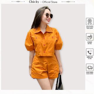 Set bộ đò nữ áo crotop tay phồng đính nút phối cùng quần đùi trẻ trung năng động