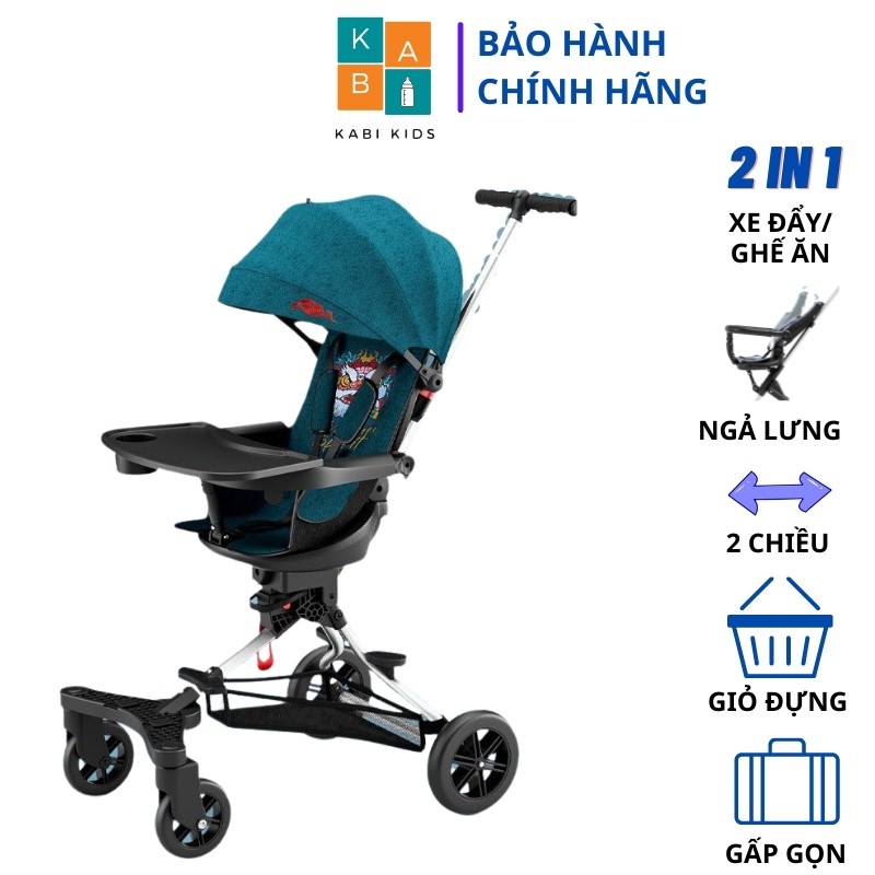 [KHAY ĂN 2 LỚP] Xe đẩy du lịch 4 bánh gấp gọn đảo 2 chiều ngả lưng, tiện lợi mái che lớn, gấp mang đi trên xe máy