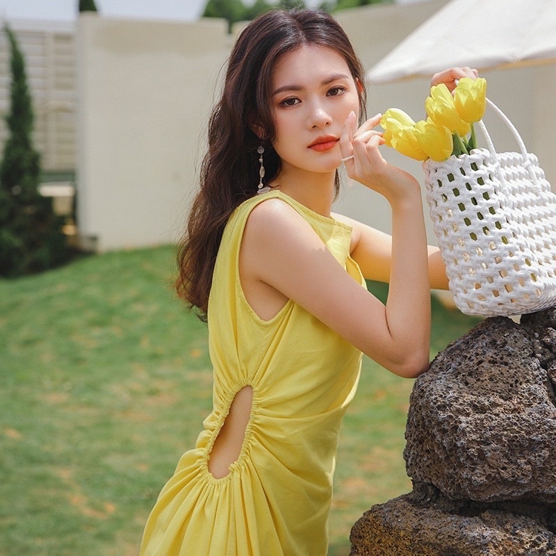 Đầm dài qua gối nữ bo chun eo màu vàng chanh Lemon