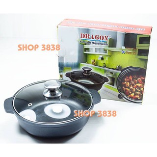 Nồi Gang Chống Dính Kho Thịt Cá ( Size 16,18, 20, 22, 24cm ) Nắp Kính Gang Dày Nặng T.H Dragon