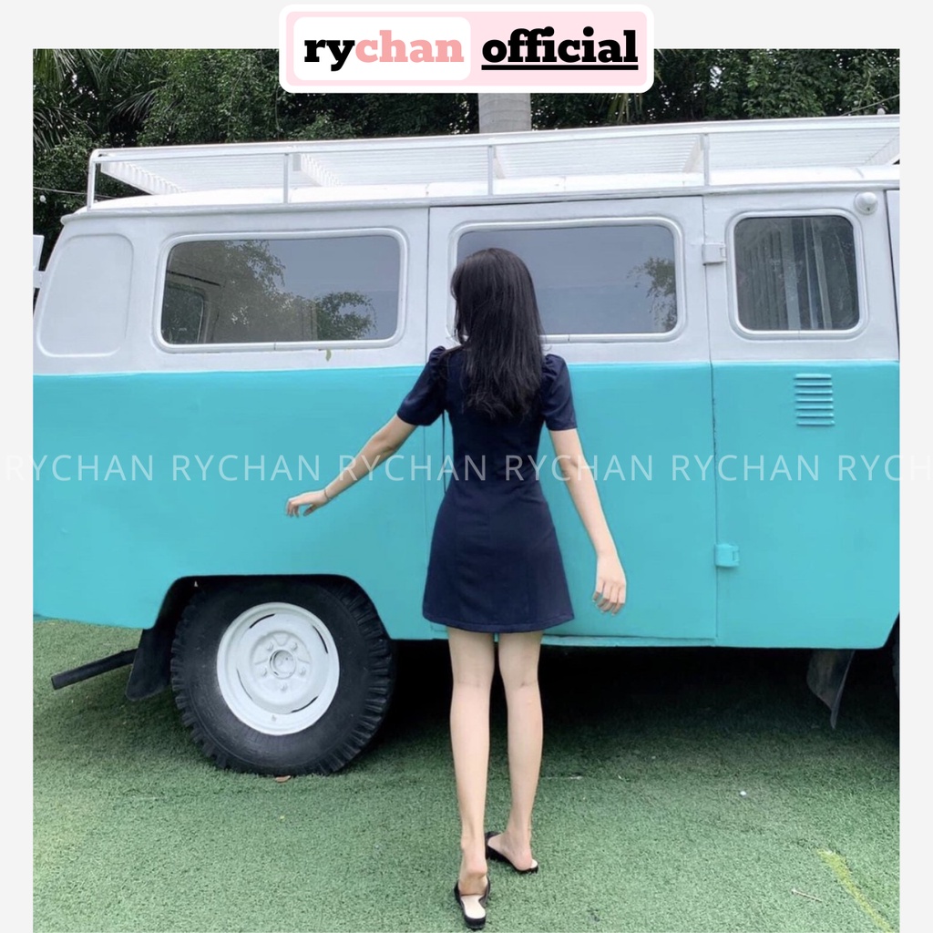 Đầm Xòe Cổ Vuông Đính Nút 2 Màu - DX0031