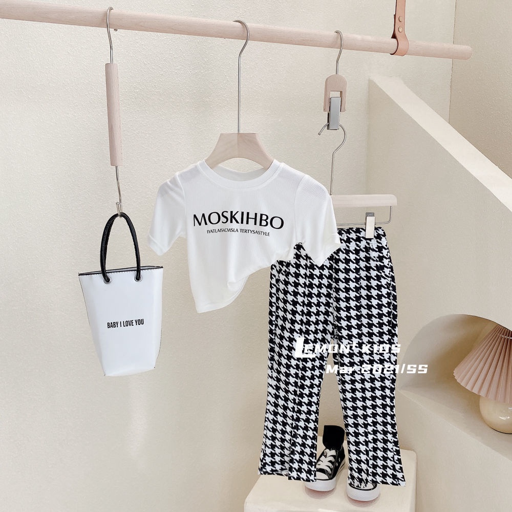 Set Áo Thun Ngắn Tay In Chữ + Quần Dài Lưng Cao Phong Cách Hàn Quốc Thời Trang Mùa Hè Cho Bé Gái